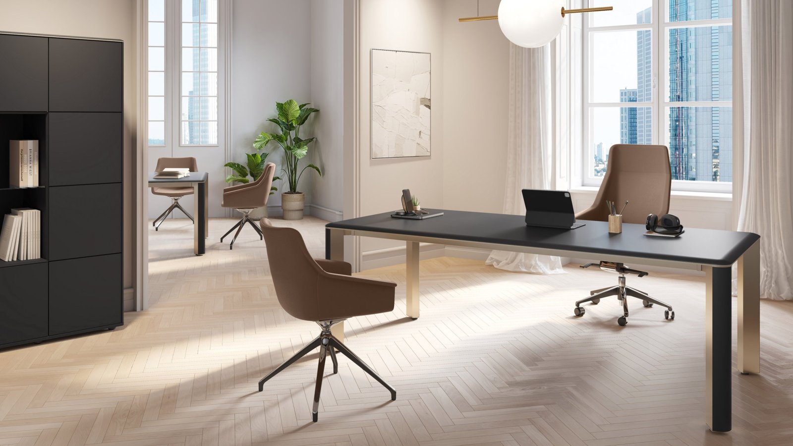 Las Mobili의 모던 책상 Iulio, Inox Grey 알루미늄 다리와 우드 패턴 인서트