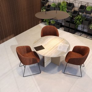 위에서 본 트래버틴 Ginza 테이블, 여섯 명 회의 준비