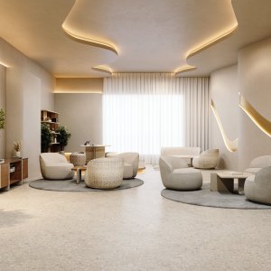 Ginza 회의 테이블의 로마 트래버틴 상판 근접 촬영