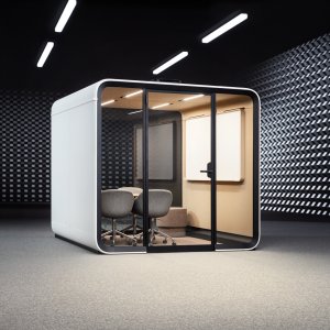 벽면 화이트보드를 쓰는 Framery Six 회의