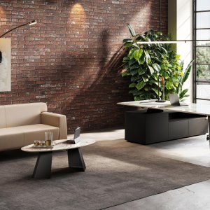 Las Mobili Monolith 사무용 책상 — Calacatta 세라믹 상판과 V자 강판 다리